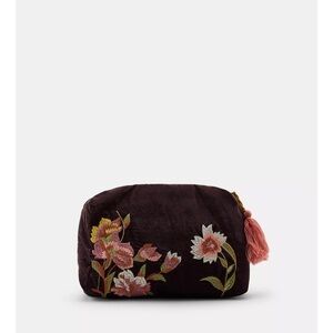 Zara Embroidered Velvet Cosmetic Pouch - Dark Plum with Pink Floral. Brand New